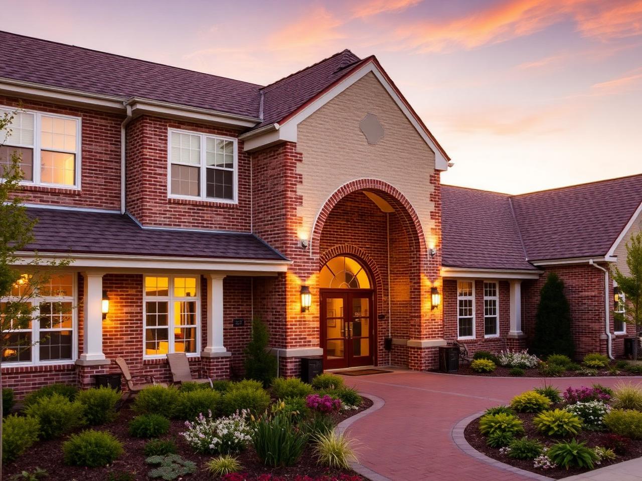 Elegant senior living community building at golden hour