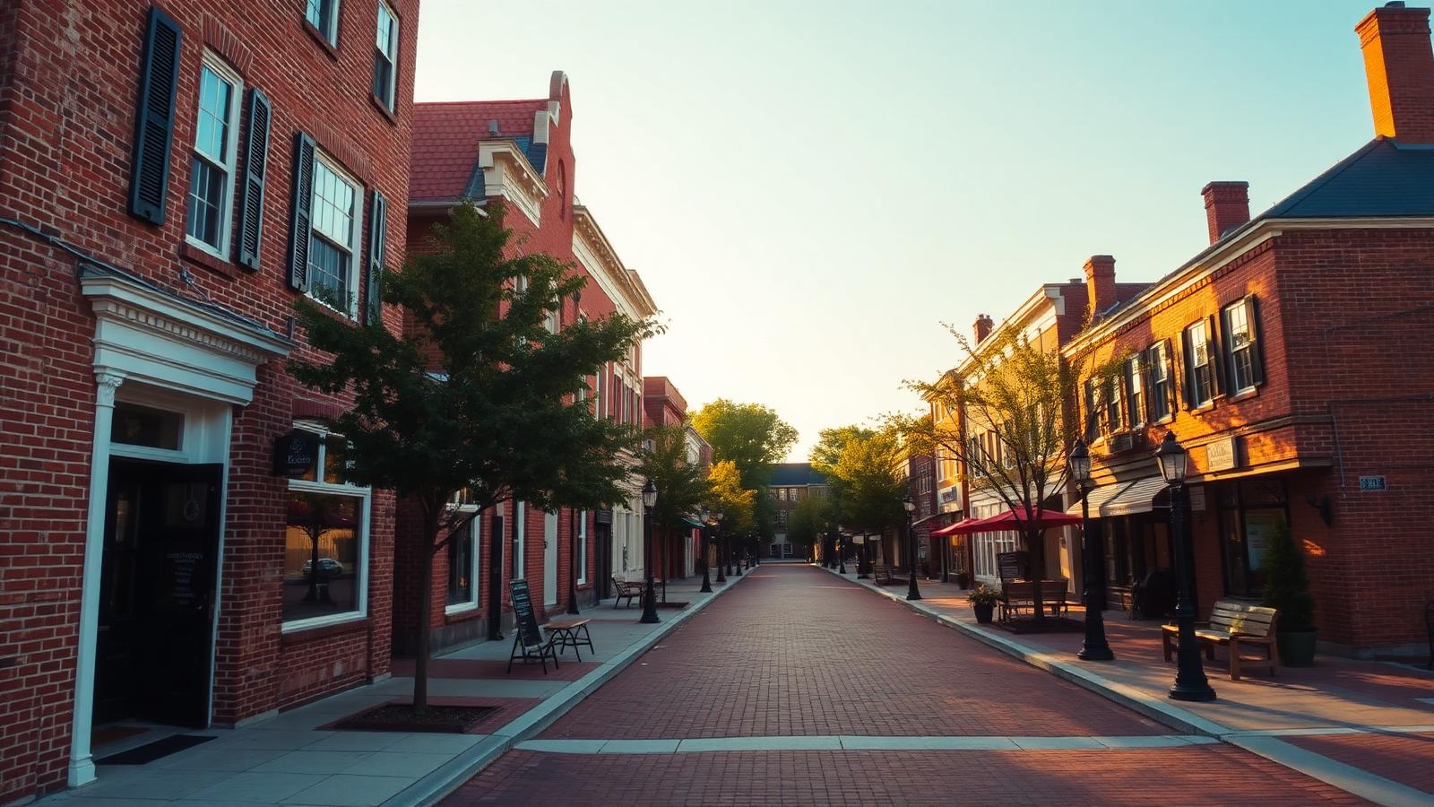 Historic Maryland town main street at golden hour