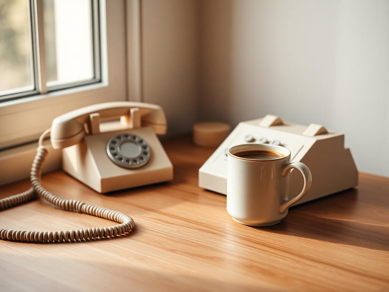 A warm desk with a phone and a mug of coffee in soft afternoon light