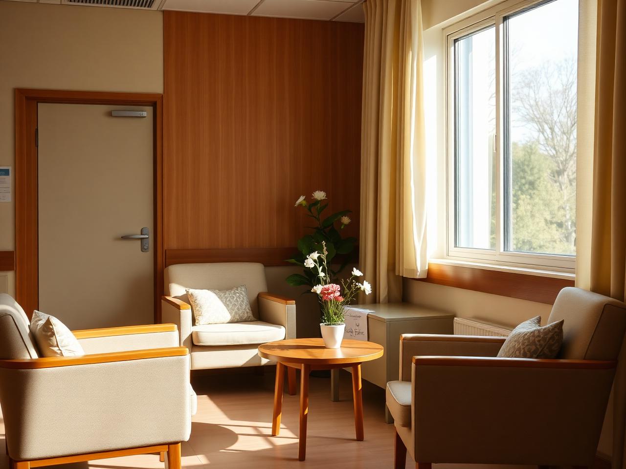 Warm hospital family lounge with soft afternoon light