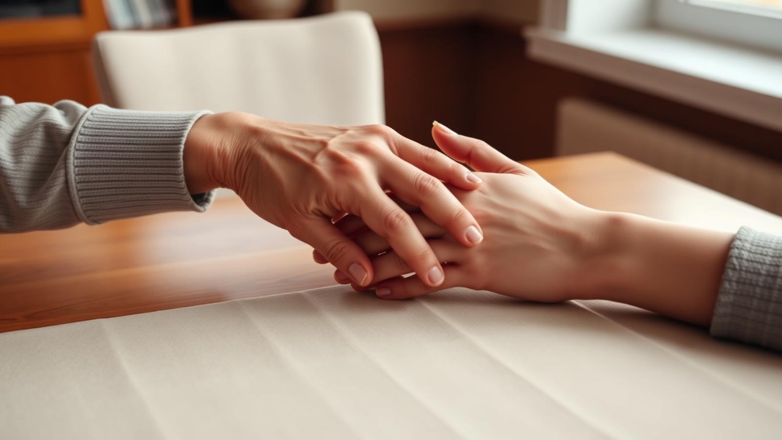 Two generations of hands clasped warmly across a wooden table