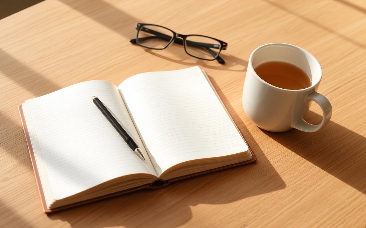 Open notebook, reading glasses, and mug of tea in warm morning light