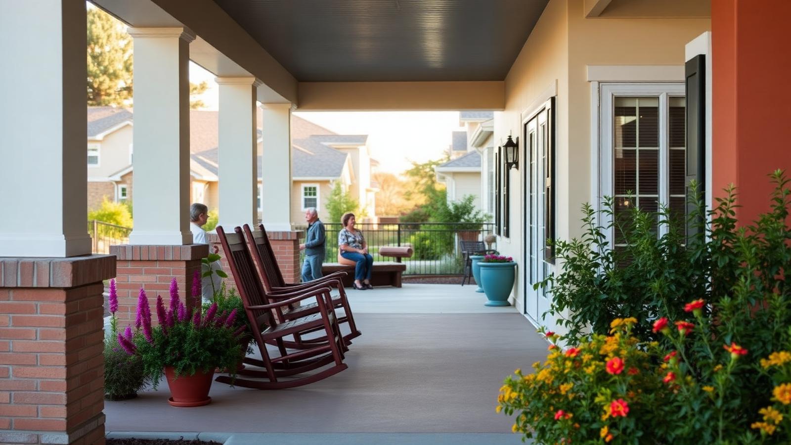 Warm senior living community porch with rocking chairs at golden hour