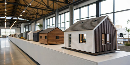 A showroom displays various tiny home models from top-rated builders.