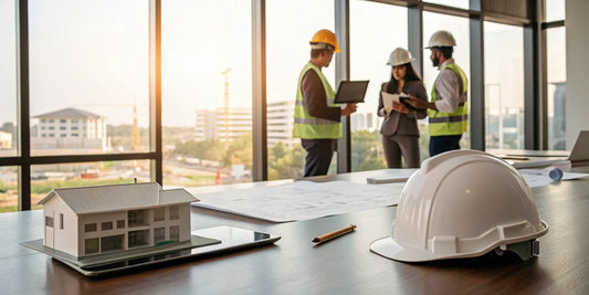 Best new home builders reviewing blueprints and a model house.