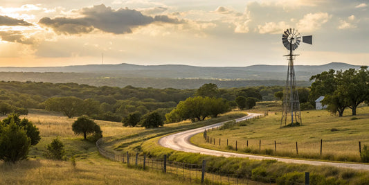 Texas land for sale with a windmill on rolling hills at sunset.
